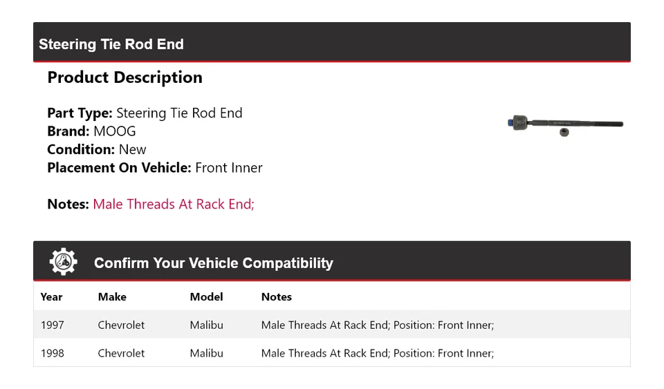 Para Chevrolet Malibu 1997-1998 Barra de dirección Extremo Delantero Interior MOOG Foto 2 de 4