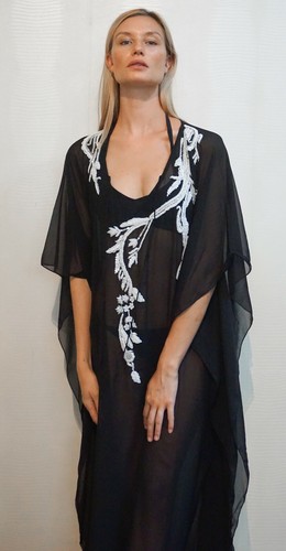 Black Mesh Kaftan With White Embroidery - Ladies Long Dress Beachwear - Picture 2 of 6