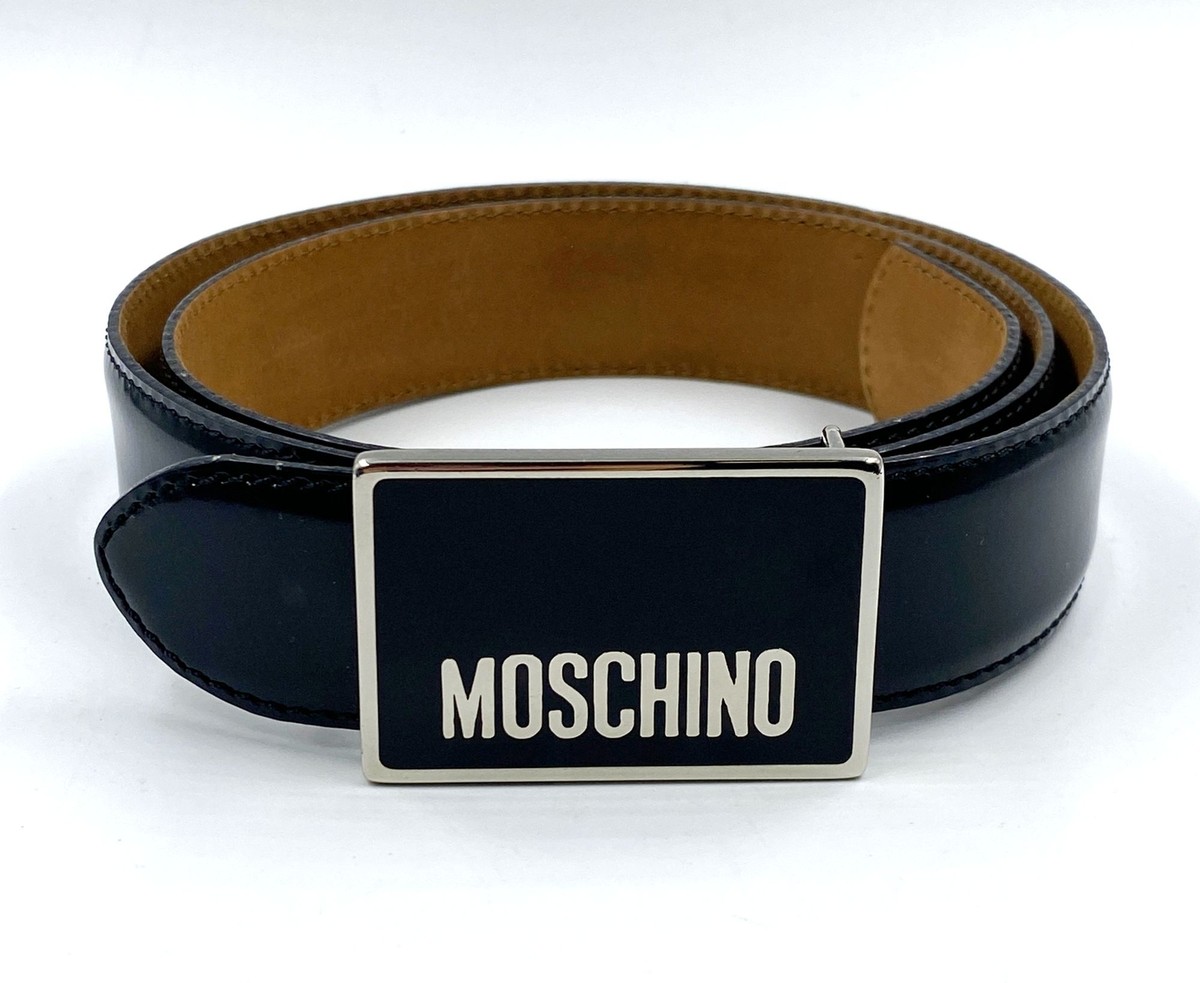 NEW MOSCHINO Black Belt Enameled Buckle Leather Unisex 44 10 