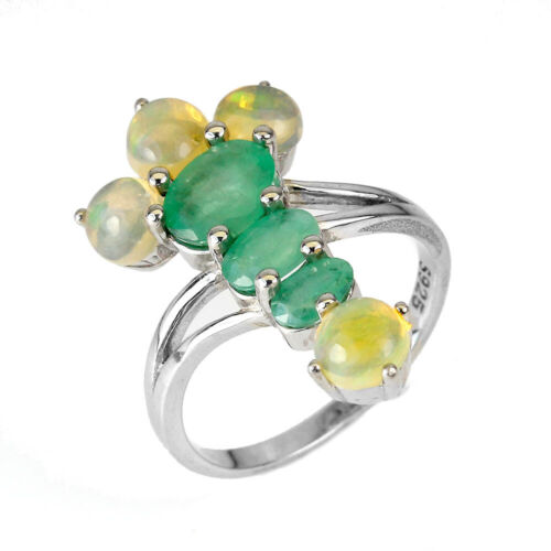 Anillo De Plata 925 Ovalado Con Esmeralda 7x5mm Y Ópalo De Fuego Joyería Talla 7 - Imagen 2 de 10