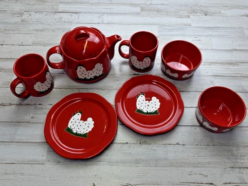 Vintage Waechtersbach Made In West Germany 8 Piece Chicken Tea Set Red