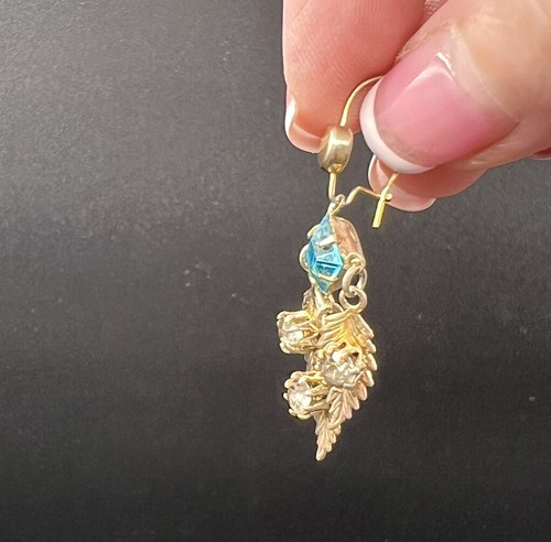 Vintage Gold Tone Leaf Dangle Pierced Earrings, Aqua&Clear Rhinestones - Picture 5 of 7