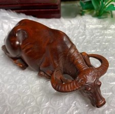 4.0-inch Old Collectible Boxwood Finely Carved Sleep Cow Statue Ornament #1