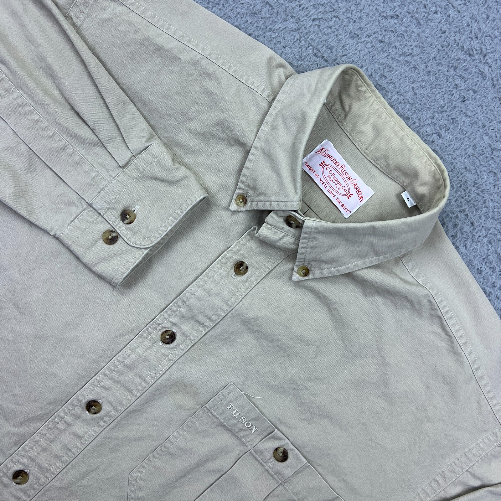 VTG CC Filson Safari Cloth Shirt Mens L Beige 90s USA Guide Style 52BD Button Up