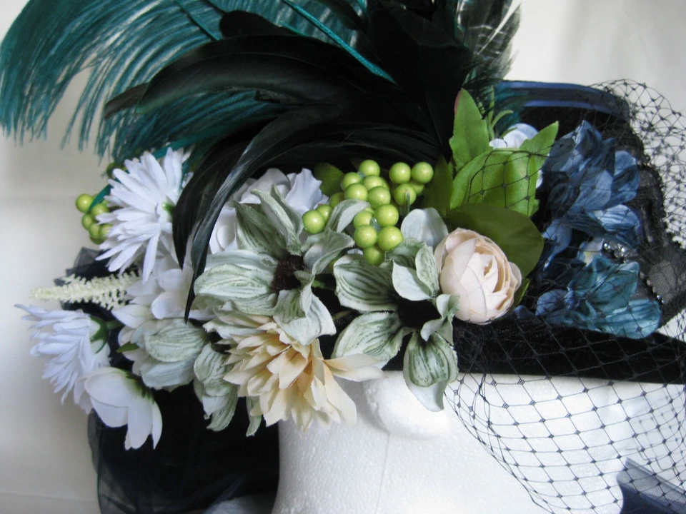 Sombrero de copa victoriano con velo facial, tul largo, pluma, máscara - disfraz - hecho a mano Foto 2 de 4