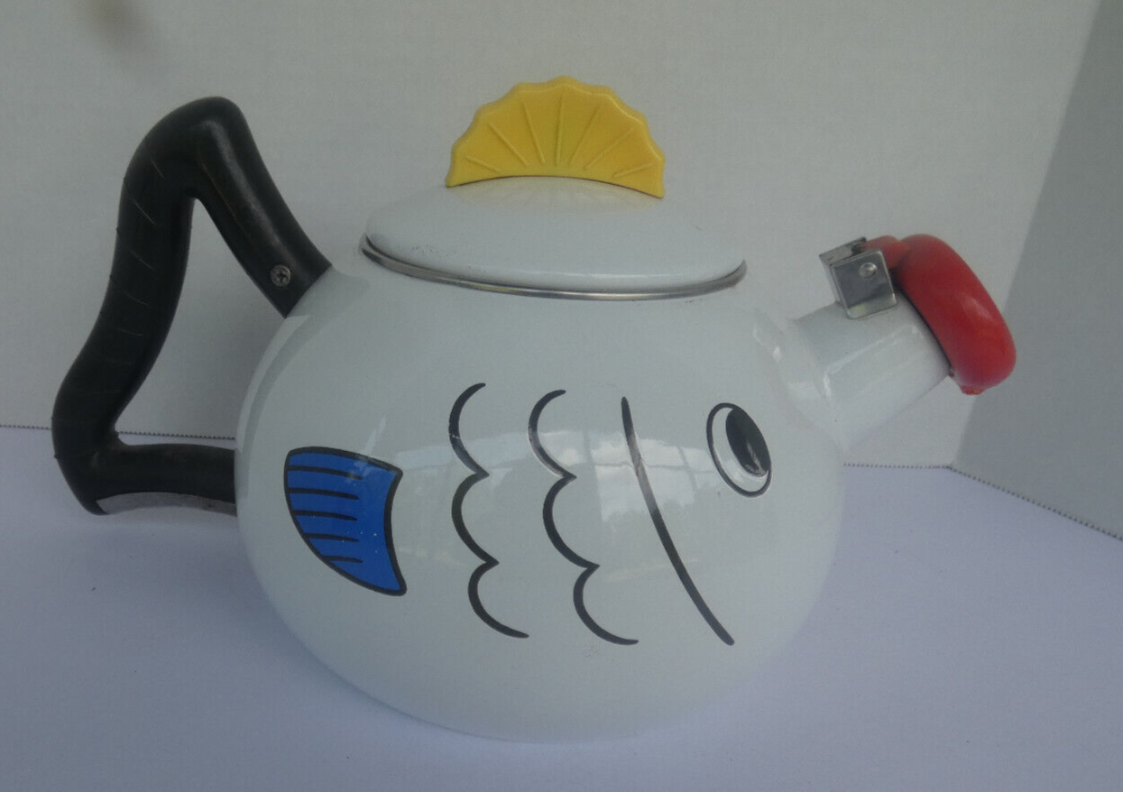 Vintage Tea Pot Kettle Kamenstein Enamel White Fish Bubbles Whistling
