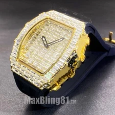 Men Iced Bling Rapper Baguette Stone Silicone Band Hip Hop Luxury Fashion Watch