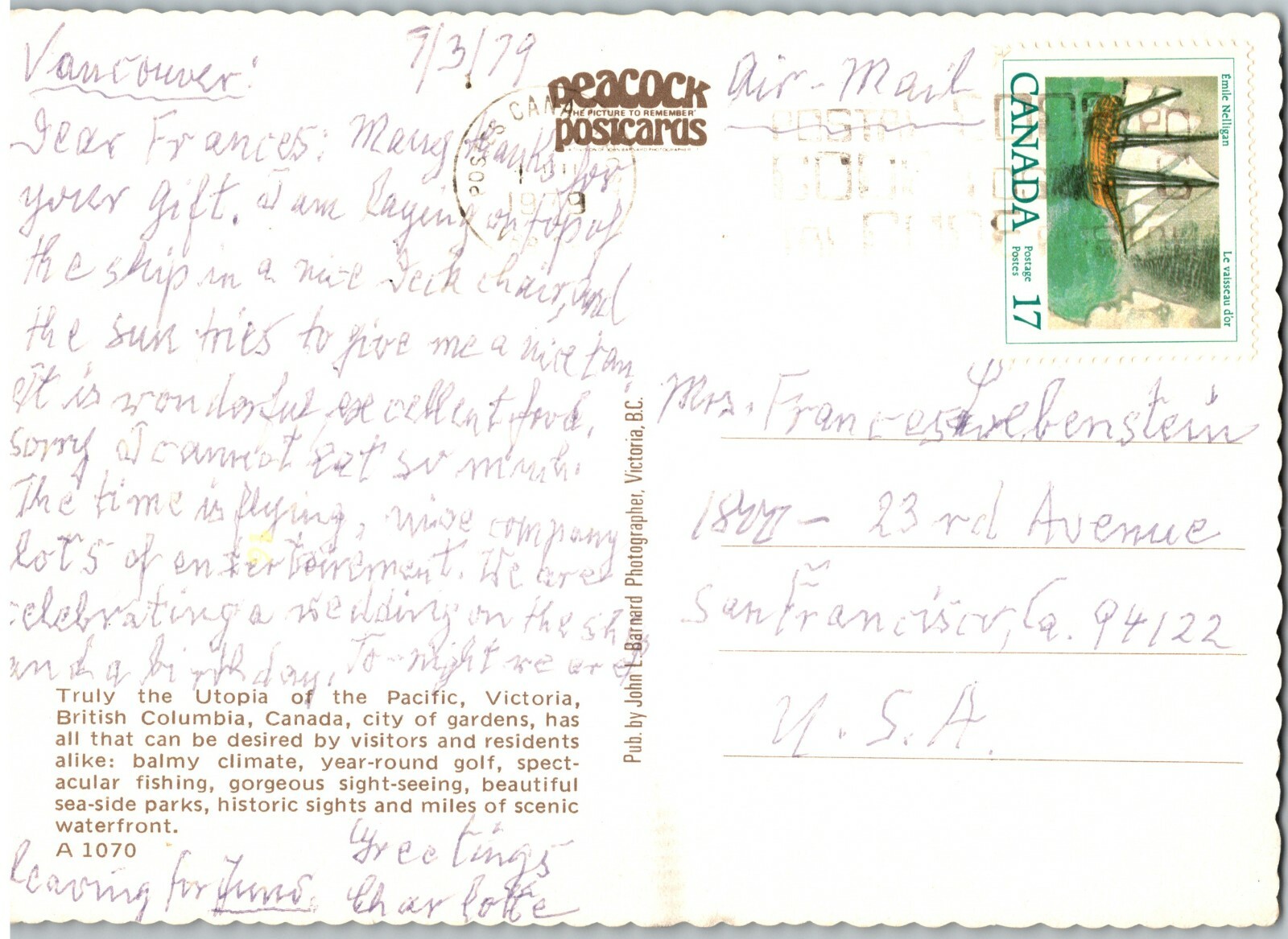 Vintage 1979 Utopia Of Pacific Victoria Postcard British Columbia Gardens Aerial thumbnail 3