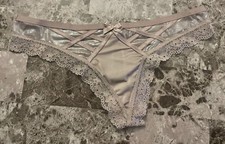 NWT VICTORIA'S SECRET S SMOOTH TAUPE SILVER SHINE LACE RARE THONG PANTIES