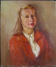 ::PORTRAIT LADY BLONDE WOMAN IN RED BLOUSE °ILLEGIBLE SIGNED ANTIQUE1942 