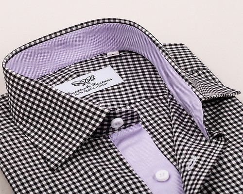 Camicia elegante nera a quadri con fodera interna Oxford viola elegante - Foto 6 di 12