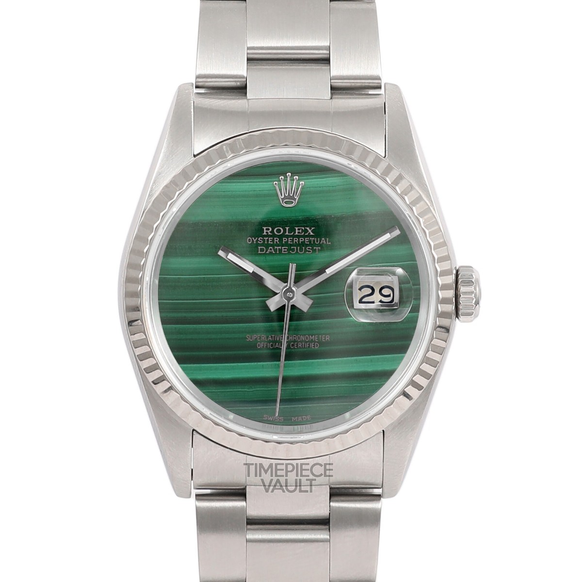 ROLEX MENS DATEJUST 36MM STEEL WATCH GREEN MALACHITE DIAL 18K
