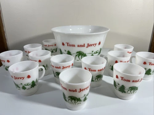 Tom Jerry Bambi Print Punch Egg Nog Bowl & 12 Cup Set Hazel Atlas 1940's Era