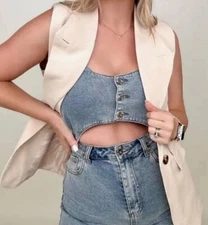 Davi & Dani Open Cut Denim Overall Pants Size Medium -NWT