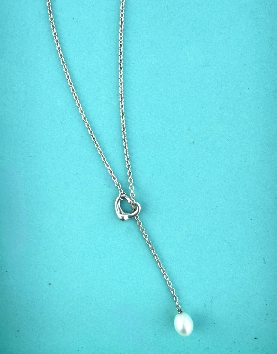 Tiffany & Co. Elsa Peretti Silver Toggle Open Heart Pearl Chain