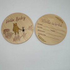Wooden Baby Announcement Sign-Winnie The Pooh -Hello World Newborn- Circle- NEW