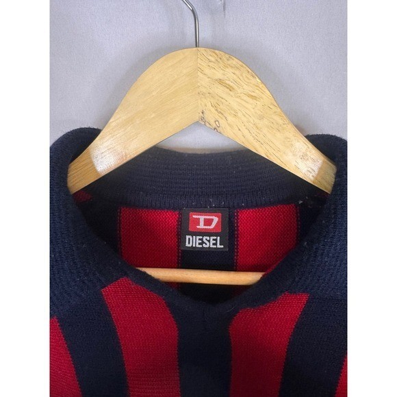 Diesel Red Navy Blue Vertical Stripe Polo Collar Knit Sweater Men