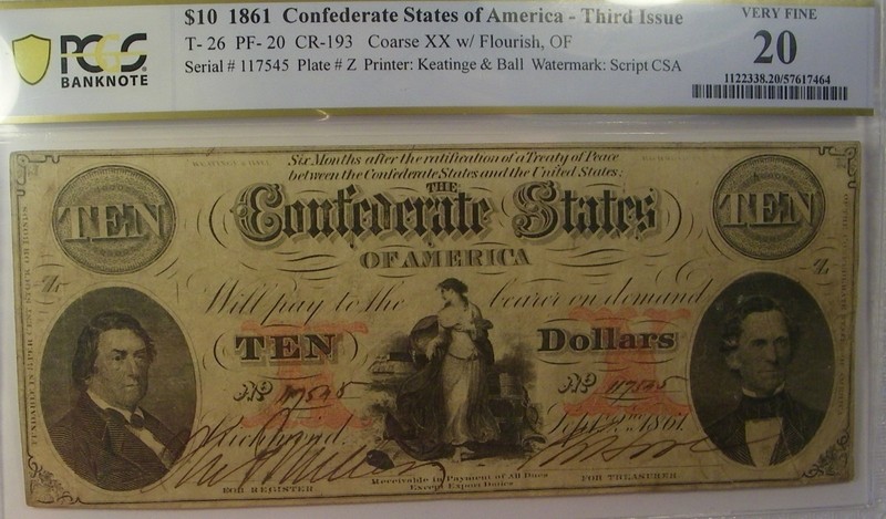 1861 $10 CONFEDERATE STATES OF AMERICA  CURRENCY  T-26 PCGS  VF 20