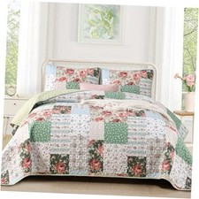 3 Pieces Patchwork Quilt Set Size, Bohemian Red Flower Plaid Queen Green