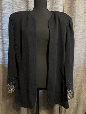 St. John Women's Black Solid Open Front Rhinestone Cuff Jacket Mid-Length 14