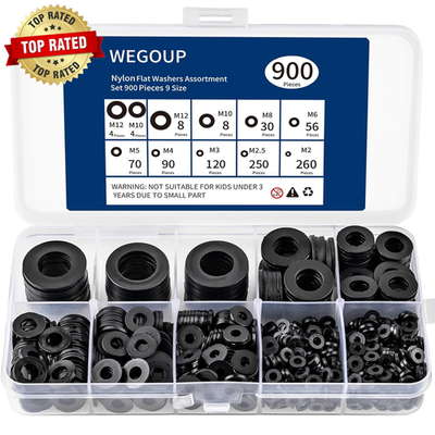 #ad #ad 900 Piece Nylon Flat Washer Assortment Kit Black Plastic Flat Washers for Bolts $10.63