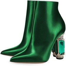 Chic Women Ankle Boots Pointy Toe Crystal Chunky High Heel Side Zip Bootie Shoes
