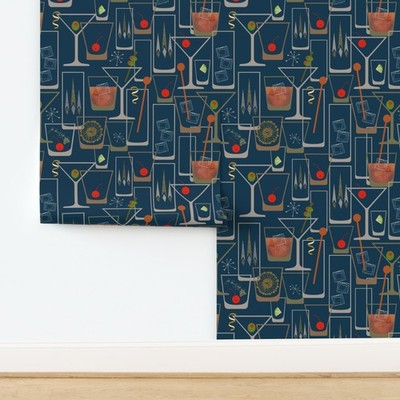 Spoonflower Peel & Stick Wallpaper in Retro Bar 1950s Blue Small