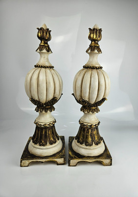 Large Tuscan Style Decorative Finials Pair Tall Gilded Urn Old World Mantel