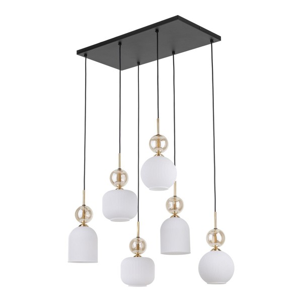 Pendelleuchte Glas Metall Schwarz Weiß Gold E14 6-Flammig L:65 Cm HäNgelampe-image