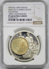 2002 Gilt South Africa Silver Veldpond 100th Aniv NGC PF 68 Ultra Cameo