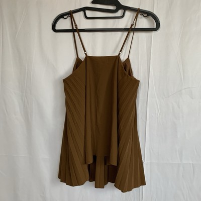 Tibi Edith Pleated Cami Top 0 Brown Designer Cute Spaghetti Strap MSRP $350