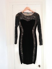 M&S black velvet bodycon dress beige lace size 8