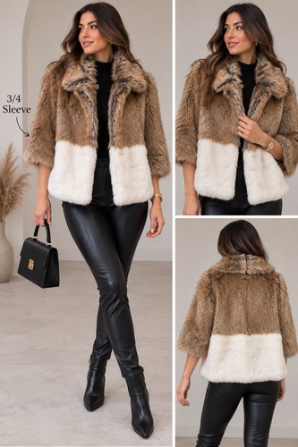 H&M Faux Fur Coat Brown & Cream Two Tone Fluffy Jacket UK 12 EUR 38 BNWT