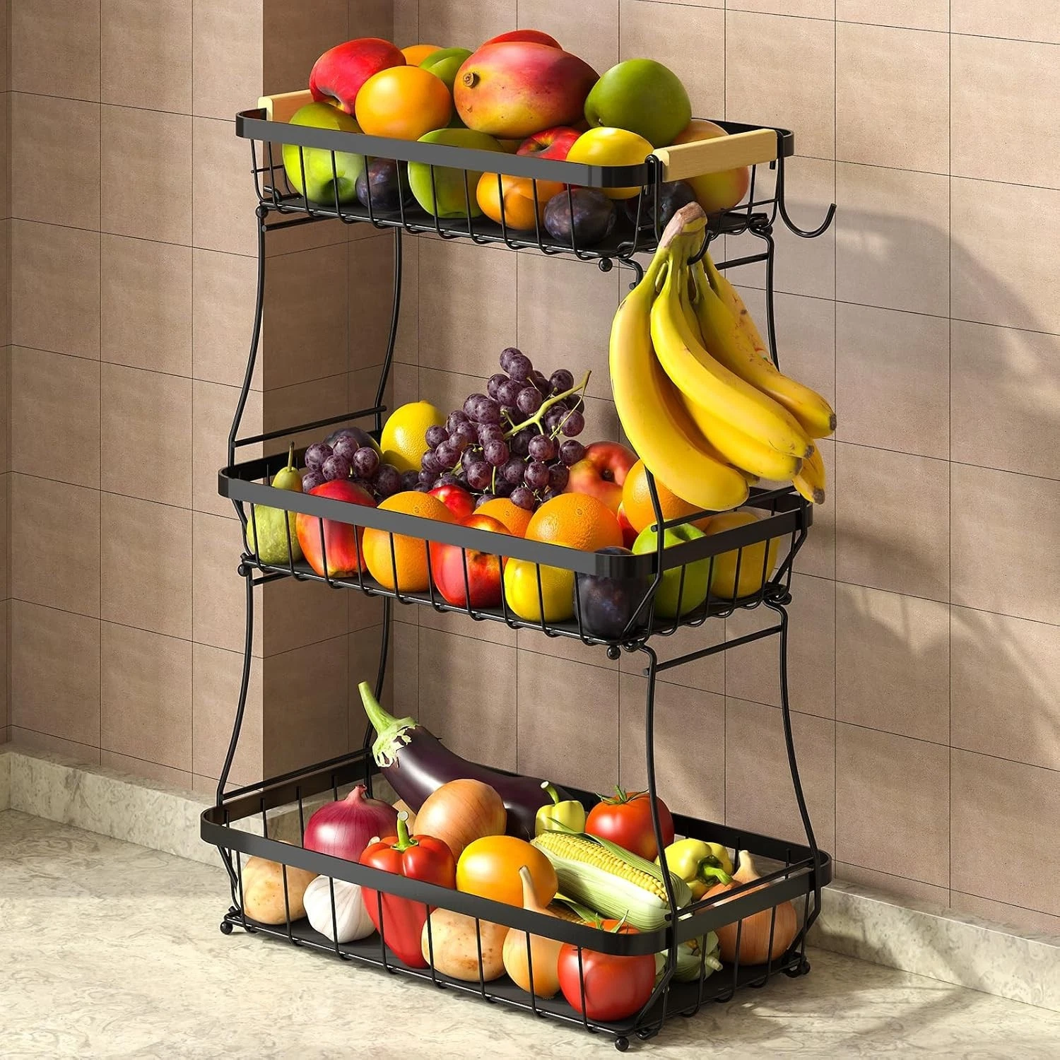 3 Tier Fruit Basket for Kitchen Counter with Banana Hangers - Metal Storage Rack