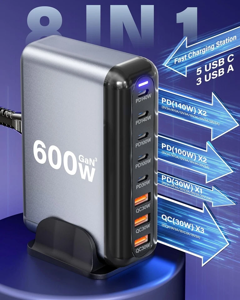 600W GaN 8 Port 140W/100W/30W USB A /Type C Fast Charging Charger Dock Station - image 2 of 4