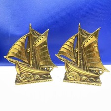 Brass Ship GALLEON SPANISH Ornament. Pair of Vintage Bookshelf Fireside