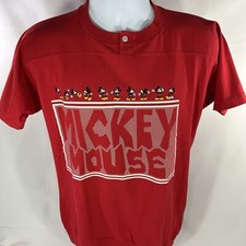 VTG MICKEY MOUSE SINGLE STITCH USA MADE HENLEY SHIRT ADULT MEDIUM RED 80s 90s