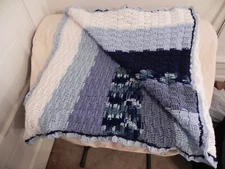 Hand Made Crochet Throw Blanket Blue & White, 36in x 64in