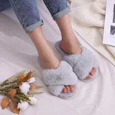ASNY Fiona Women Cross Band Slippers Soft Plush Furry Cozy Open Toe House Shoes,