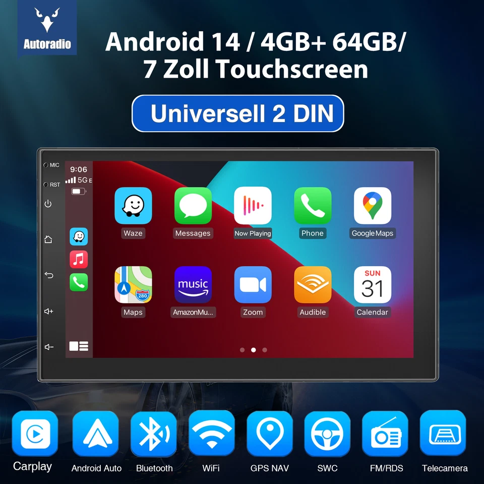 DAB+ Autoradio Android 14 Apple Carplay Doppel DIN 7" GPS NAVI WIFI 4+64G Kamera - Bild 2 von 4