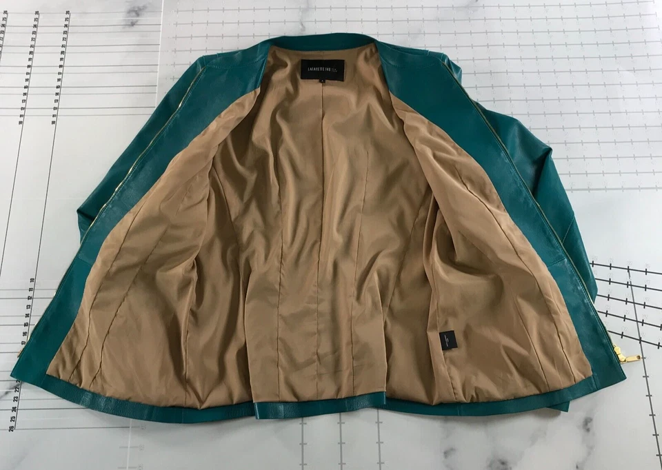 Chaqueta de cuero de cordero Lafayette 148 para mujer 4 detalles de cremallera azul verdoso dorado Foto 4 de 4