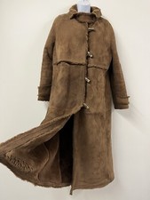Vintage Leather Coat Size 12 14 Brown Long Women Retro Midi Pockets Duffle Toggl