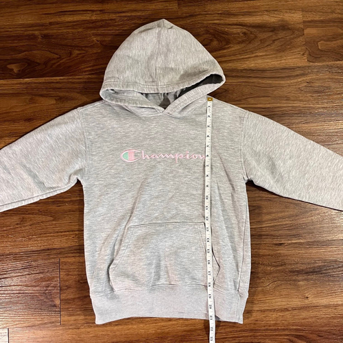 Champion Pullover Hoodie Pink Logo Long Sleeve Gray Girls Size Medium Casual - Picture 5 of 10