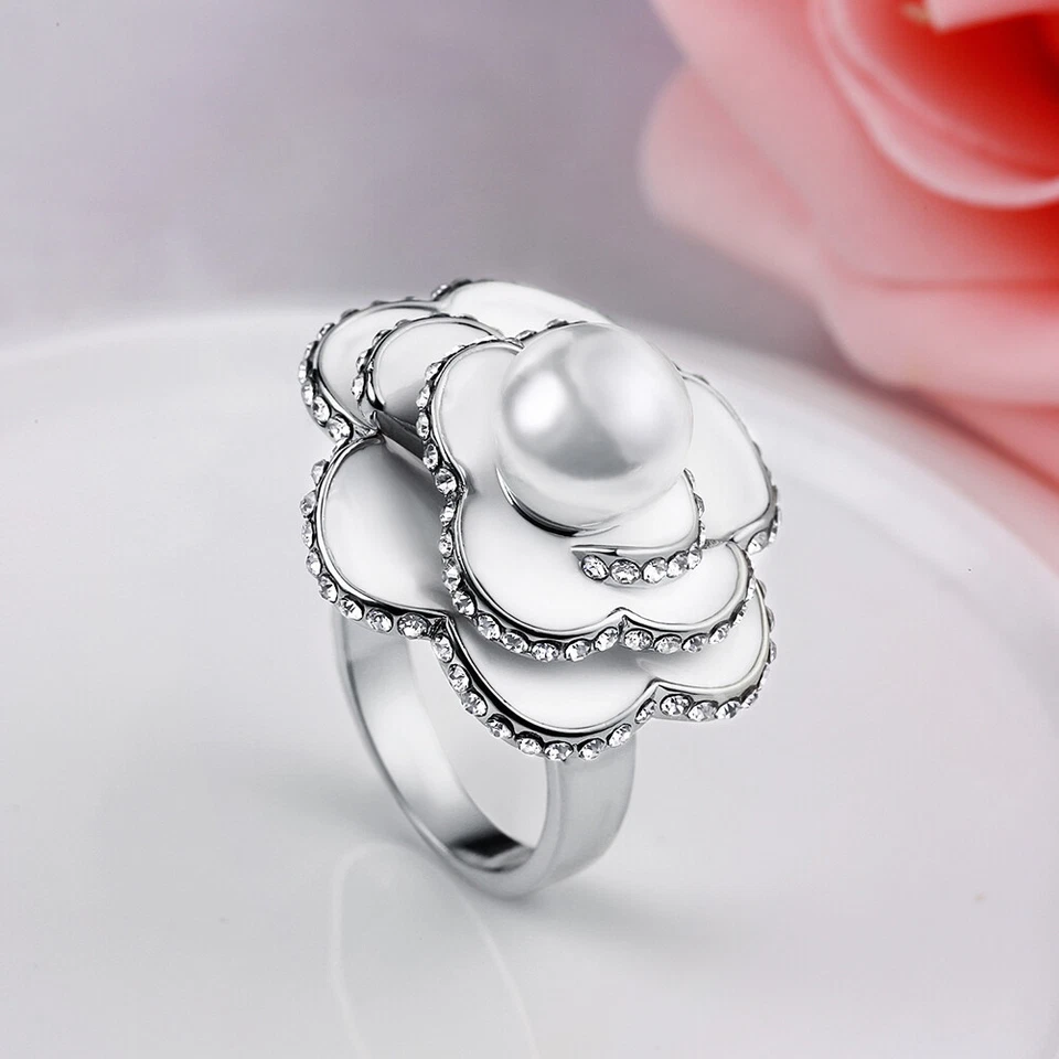 Женщин платины покрытием керамики шикарный жемчуг CZ кристалл цветок Vogue кольцо #DR111 - Изображение 3 из 4