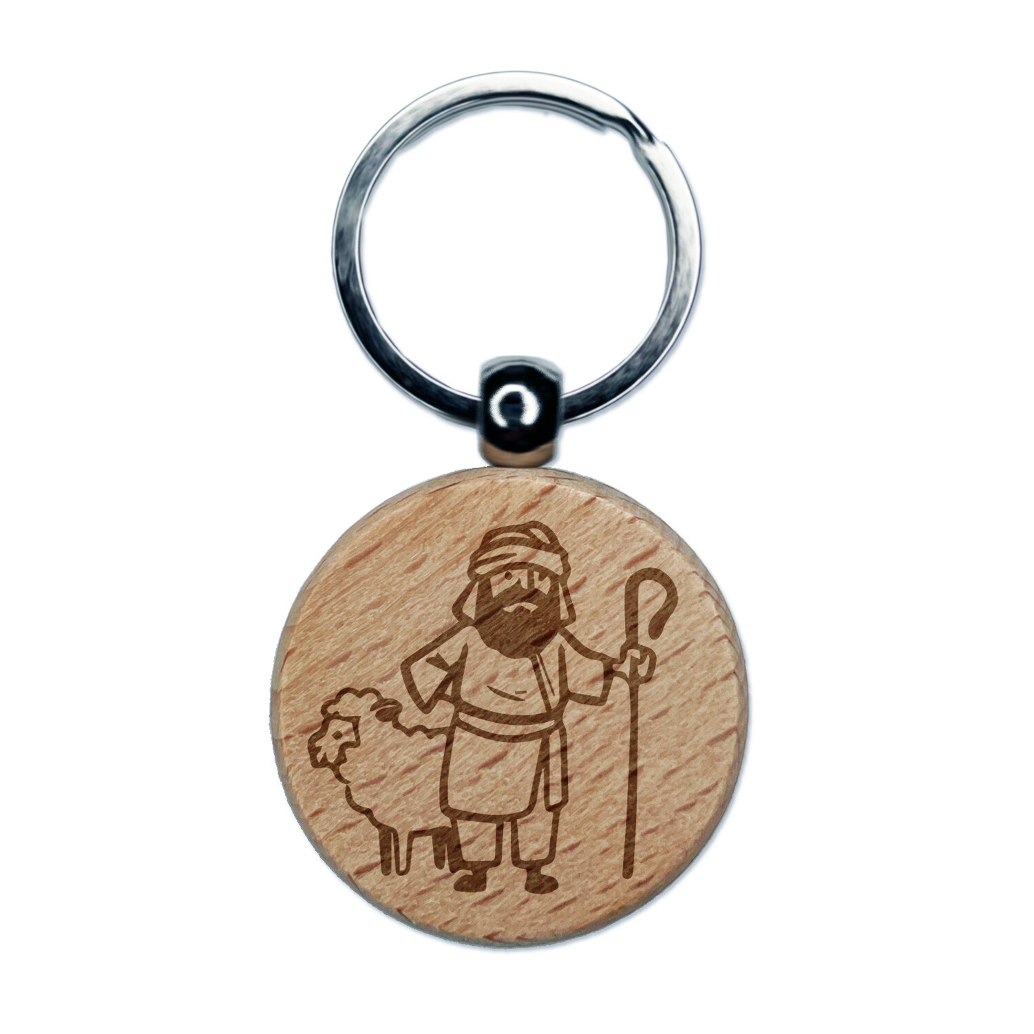 Biblical Shepherd Sheep Staff Crook Engraved Wood Round Keychain Tag Charm