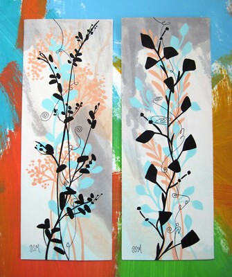 Abstract Original Botanical Panels Vines Acrylic Ink140lb 4 5x12 Leaves Plants Ebay