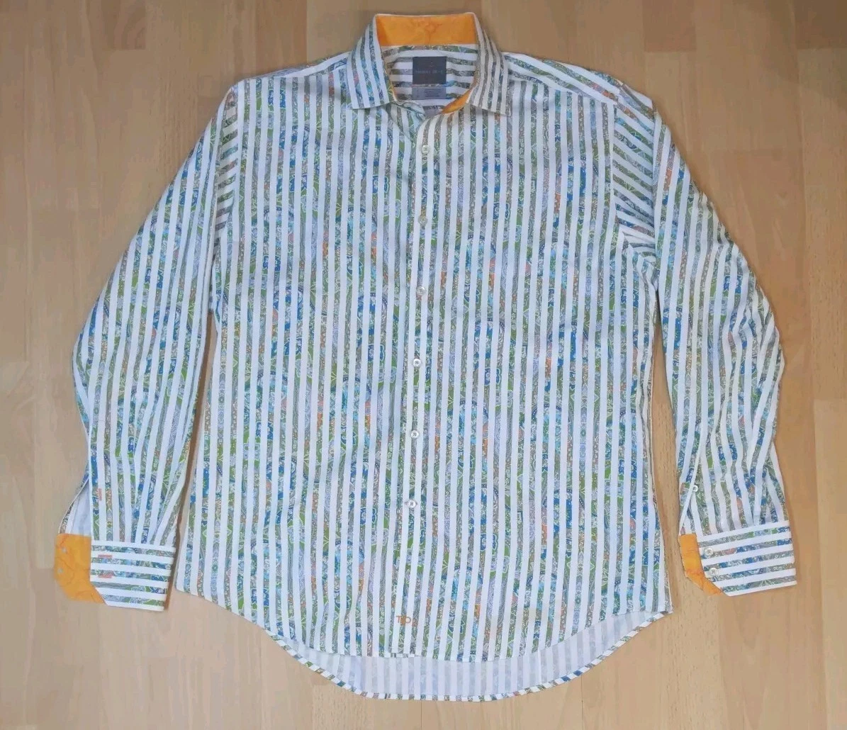 Thomas Dean TD Floral Striped Flip-Cuff Long Sleeve Button Shirt Men's L