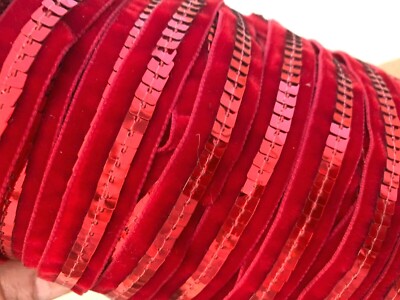 vintage true red velvet square sequins trim ribbon 1yd USA