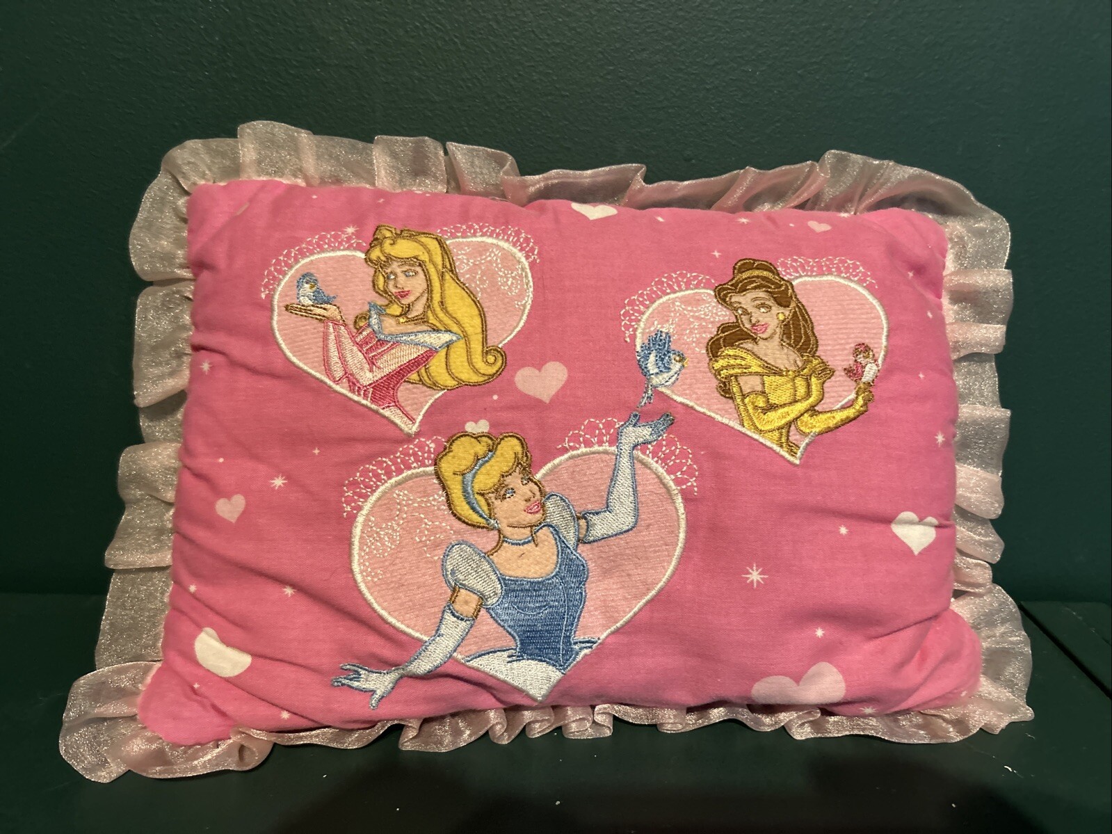 Vintage Pink Disney Princess Toddler Pillow Featuring Cinderella Belle Aurora