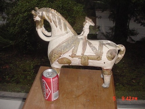 LARGE OLD PERUVIAN FOLK ART POTTERY HORSE RIDER FROM PUCARA PERU
